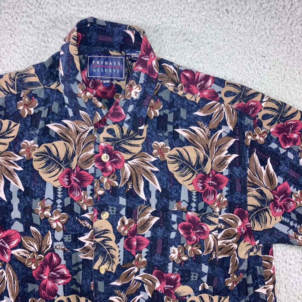 Retro Hawaiian Shirt Men M Rayon Tropical‎ Floral Hibiscus Navy Coastal Resort